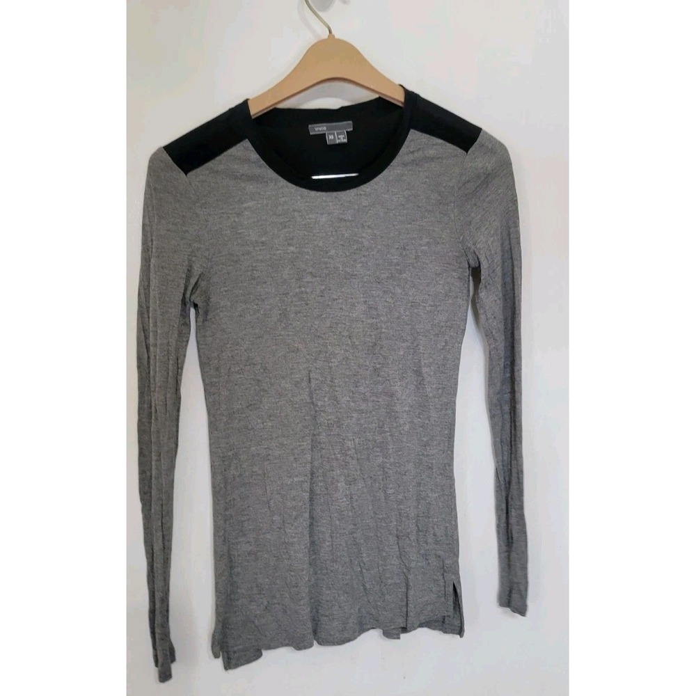 Vince Silk Trim‎ Long Sleeve T-Shirt V2157-82111 Gray Black Size XS